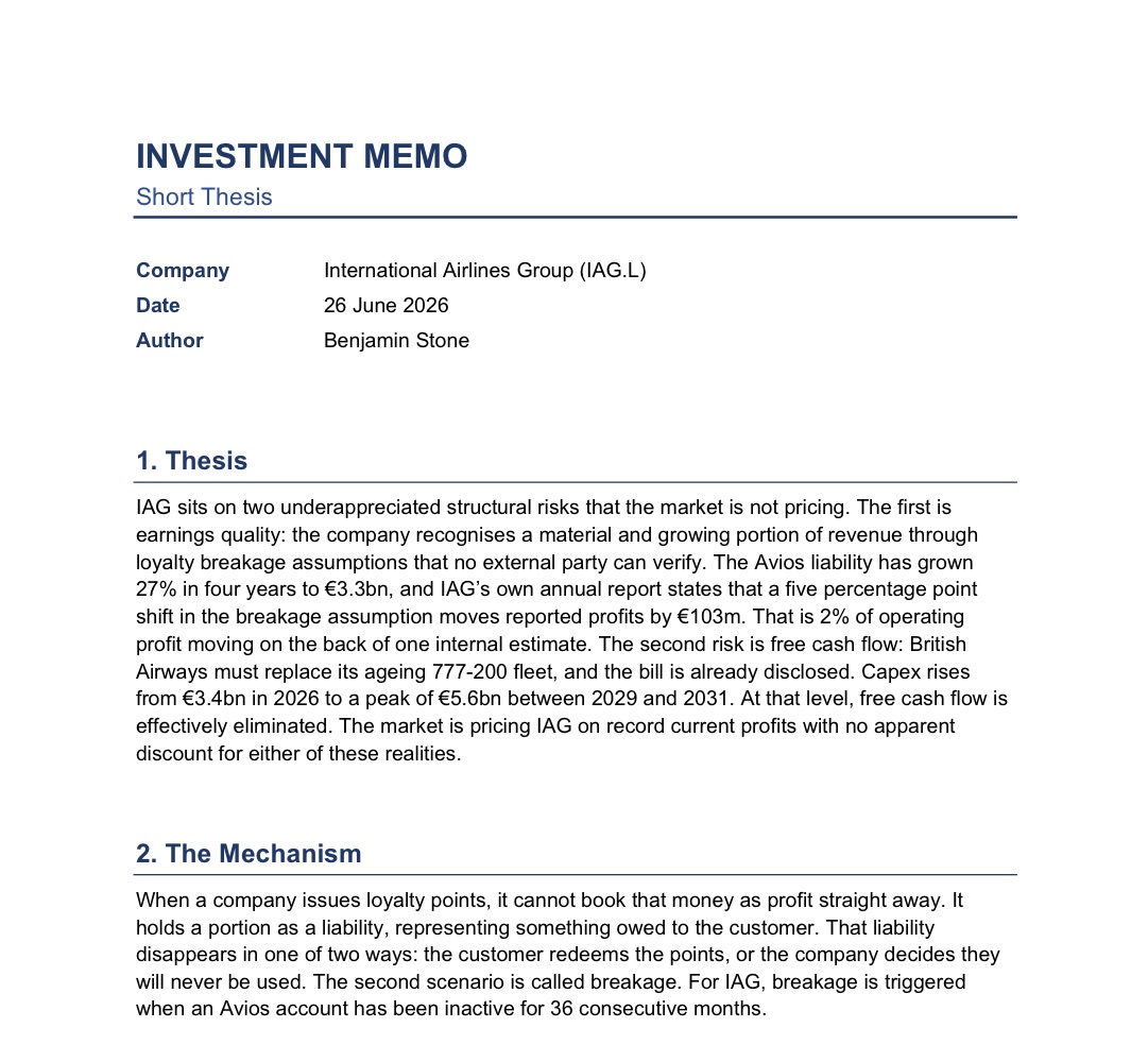 First page of the IAG investment memo: short thesis dated 26 June 2026, authored by Benjamin Stone.